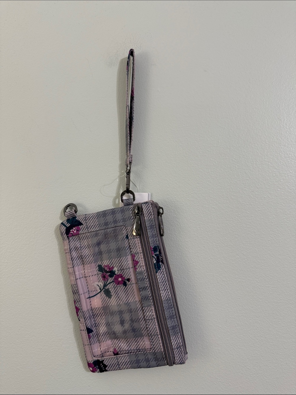 Floral Plaid Wristlet Phone Wallet - Pink Gray